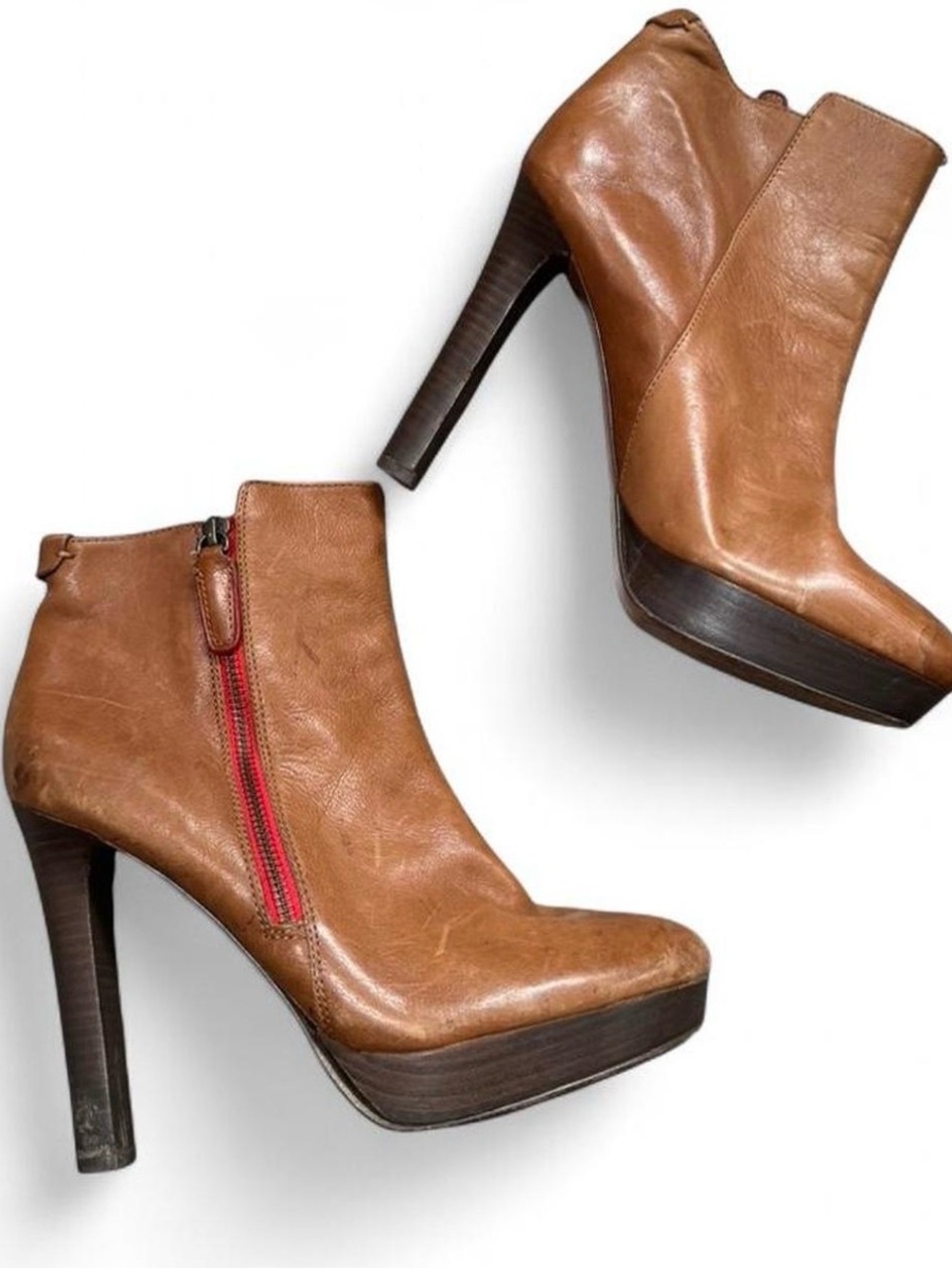 Vintage Coach Chryssa Brown Leather High Heel Ankle Booties with Red Zip